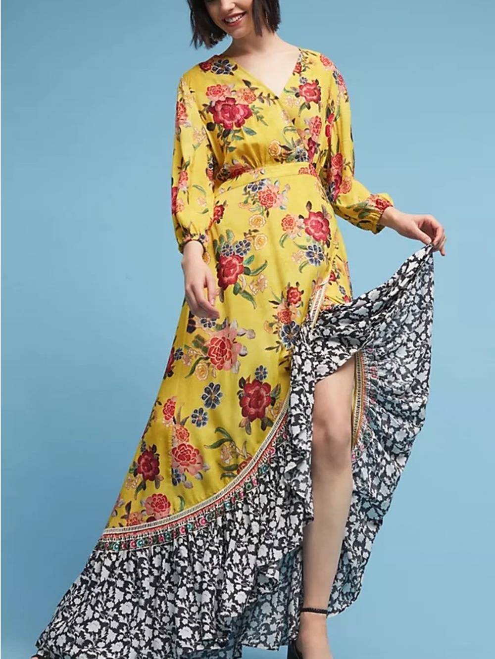 FARM Rio Yellow Floral Wrap Maxi with Contrasting Black-White Ruffle